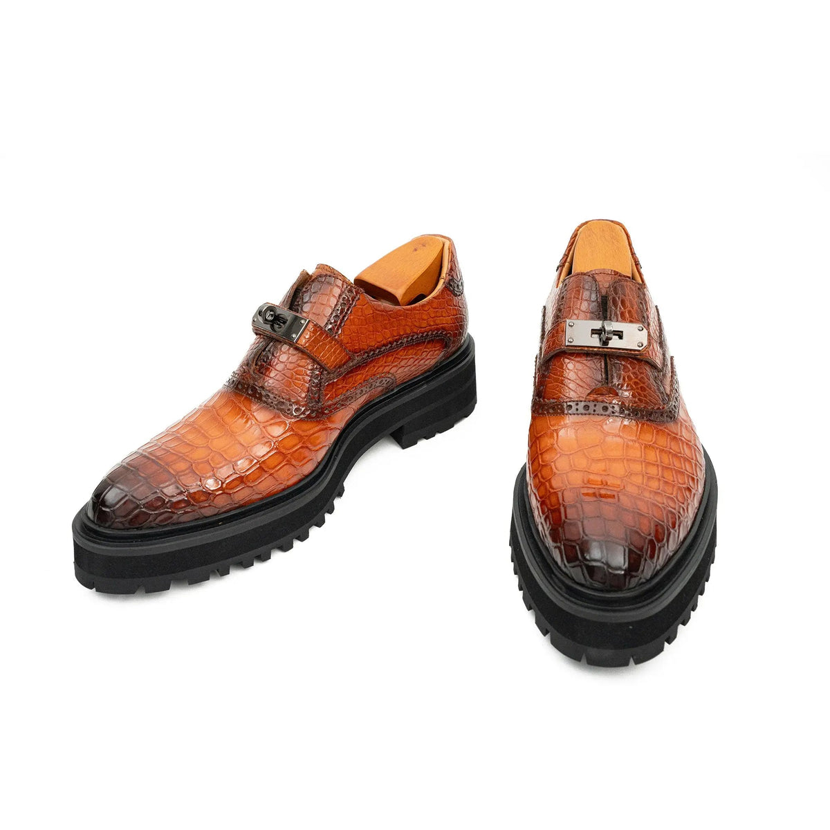 Orange-Brown Textured Lug Sole Single Buckle Monk Shoe