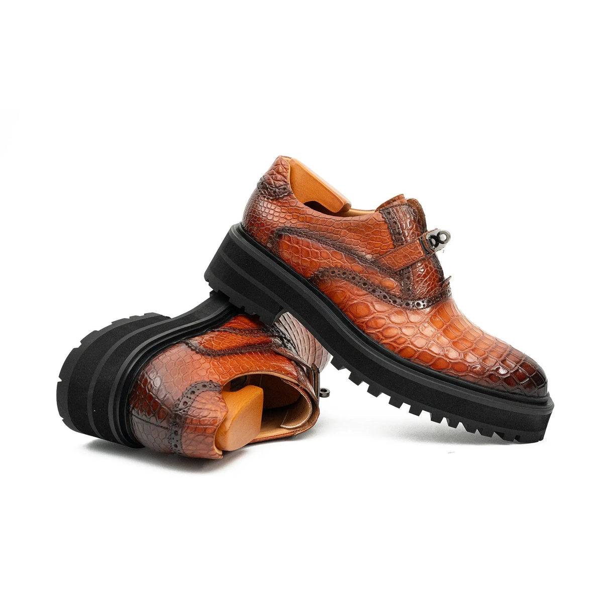Orange-Brown Textured Lug Sole Single Buckle Monk Shoe