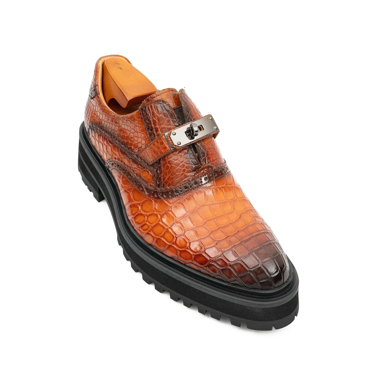 Orange-Brown Textured Lug Sole Single Buckle Monk Shoe