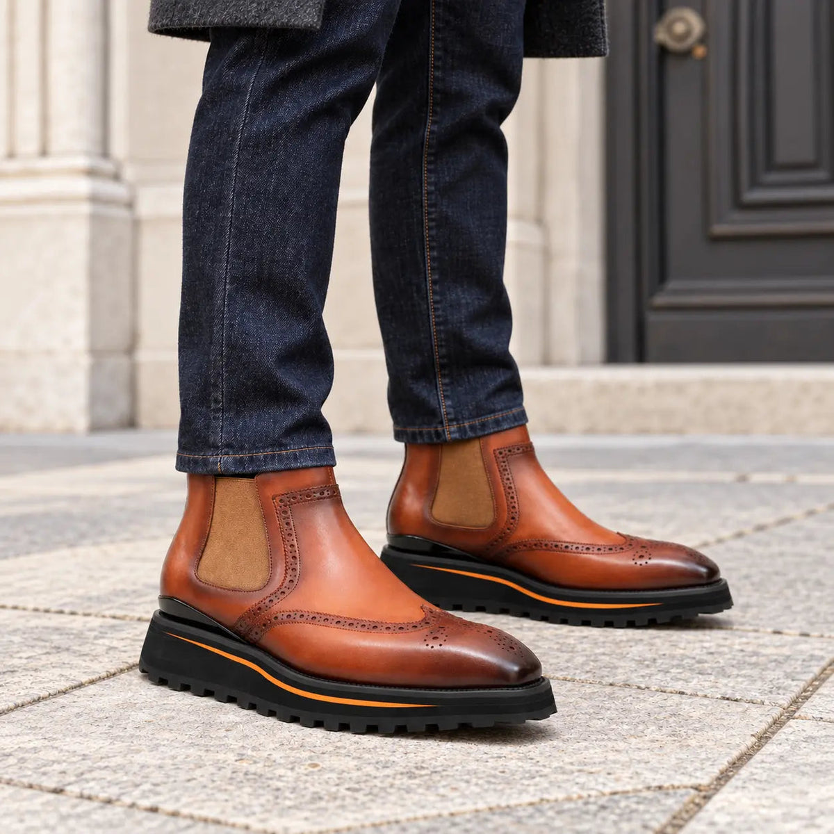 Orange-Brown Wingtip Chelsea Boots with Brown-Edge Lug Sole