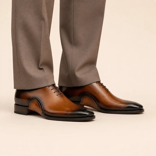 Tan-Brown Square-Toe Oxford Shoes with Toe Medallion