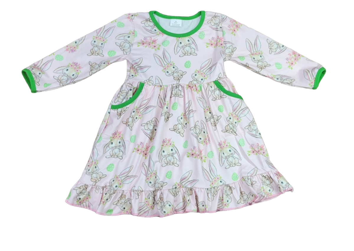 Bunny Flower Crown Long Sleeve Pocket Milk Silk Dress