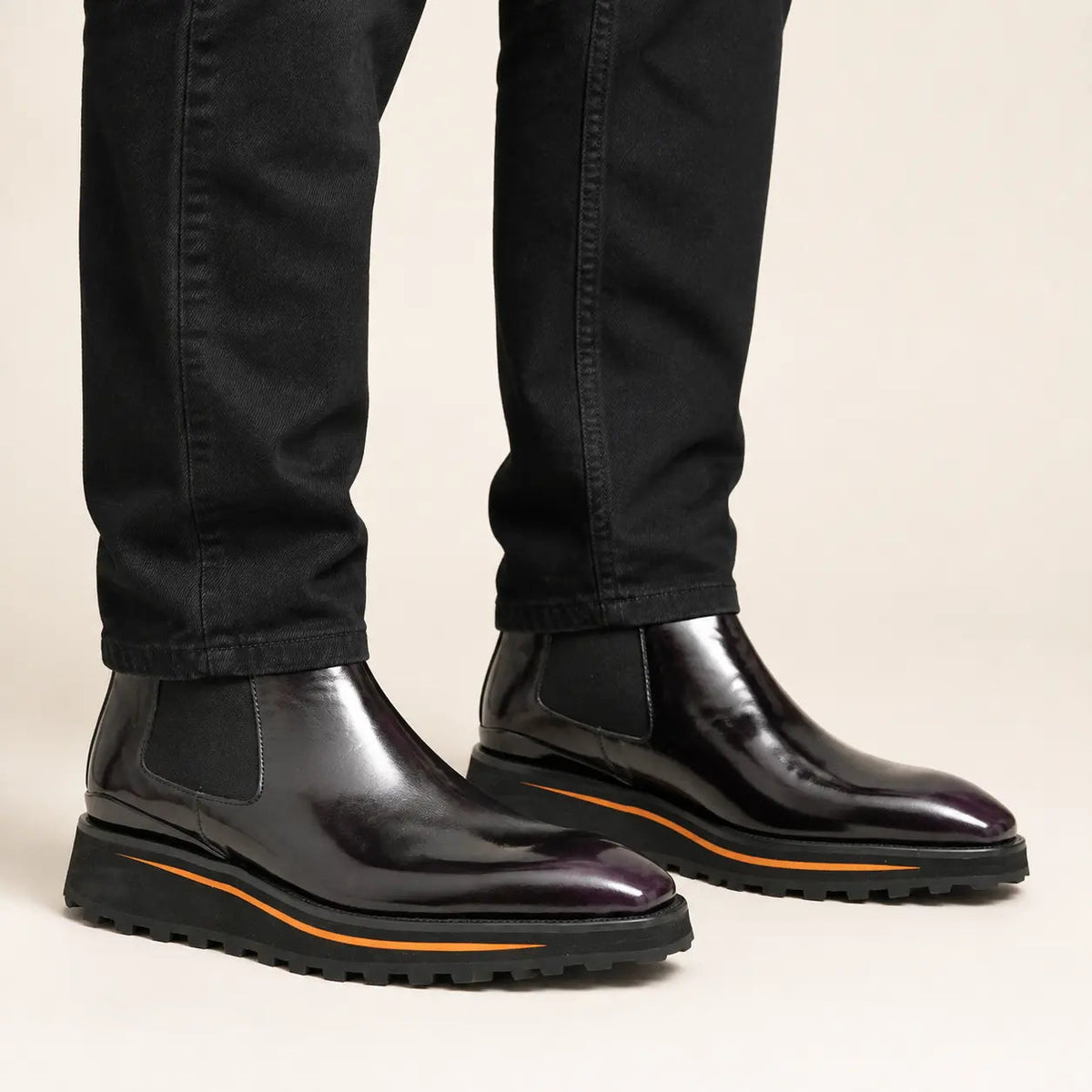 Very Dark Burgundy-Purple Plain-Toe Chelsea Boots with Pull Tab