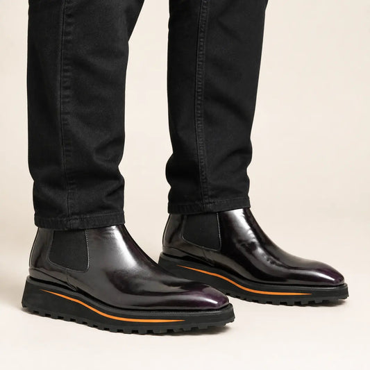 Very Dark Burgundy-Purple Plain-Toe Chelsea Boots with Pull Tab