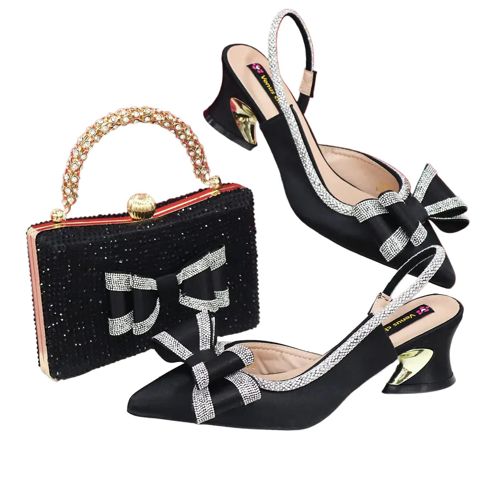 Med Heel Shoes for Women Italian Design Shoes and Bag Set ED1130
