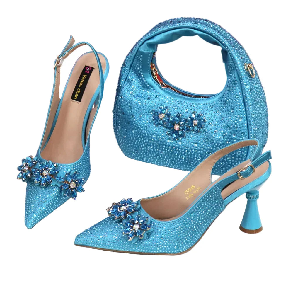 High Heels Shoes and Bags Set With Rhinestone