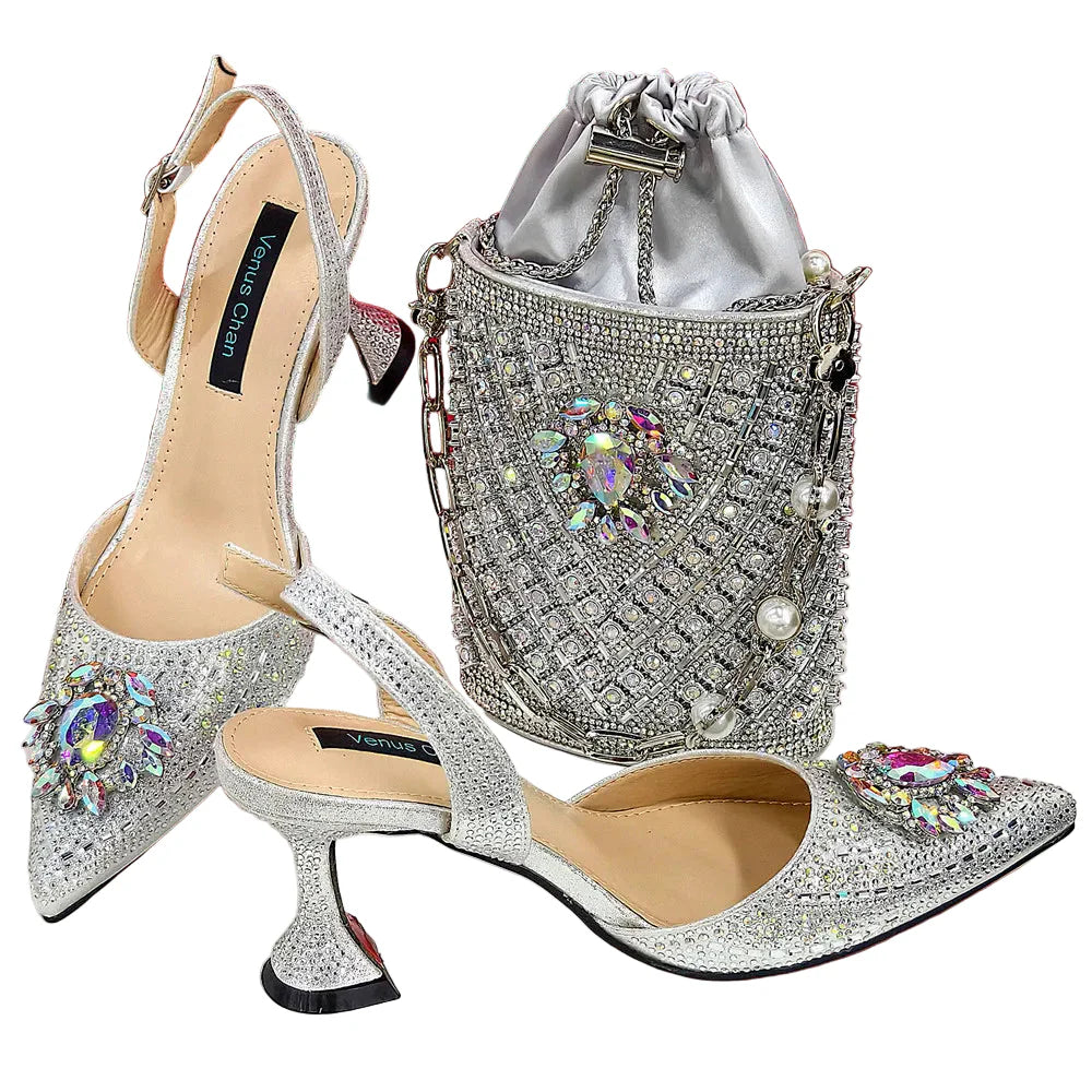 Women Shoes and Bag Set With Rhinestone Handbag EDTR54