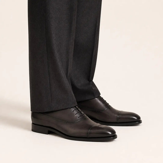 Gray-Brown Cap-Toe Oxford Shoes with Low-Gloss Finish