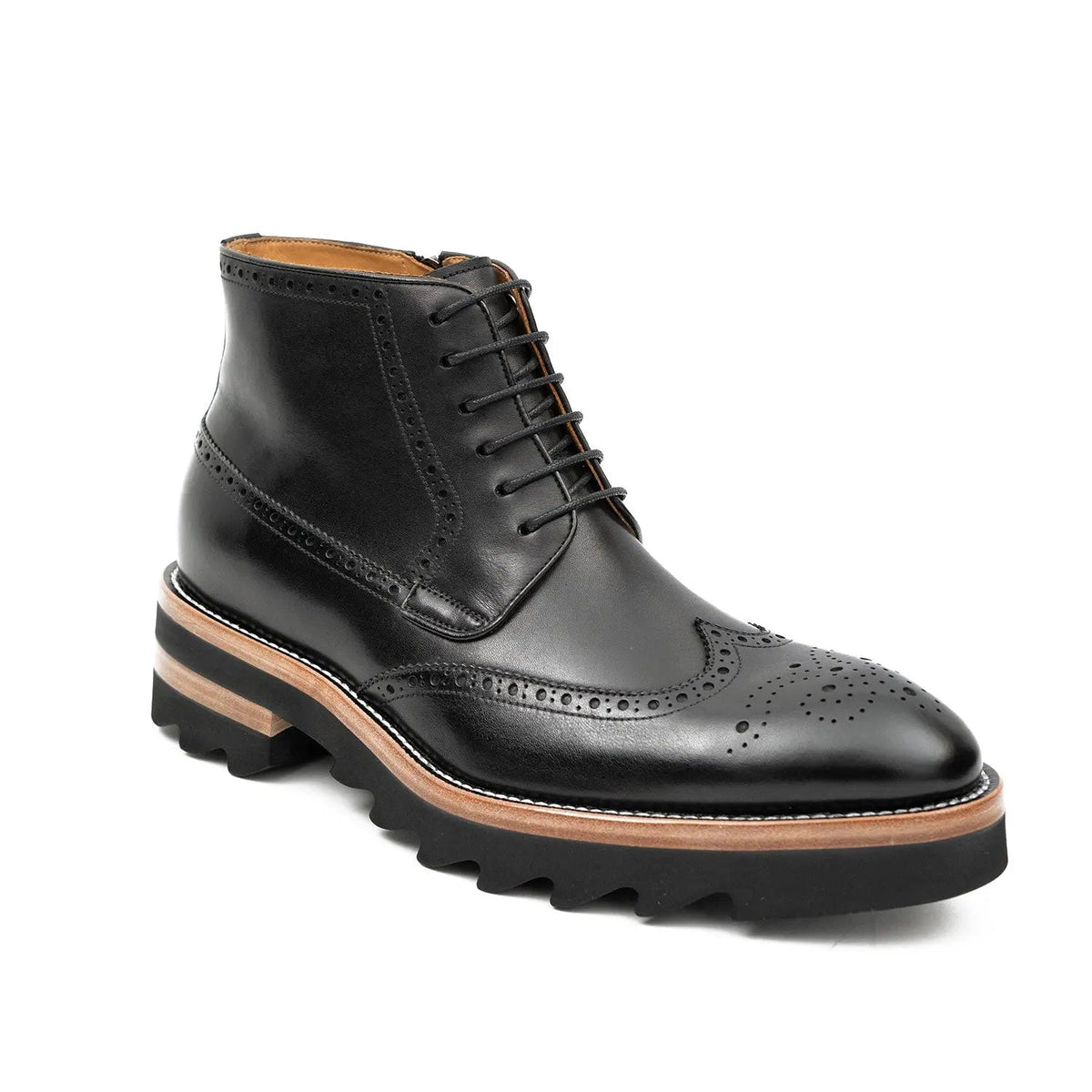 Black Wingtip Ankle Boots with Brown-Band Ridged Sole