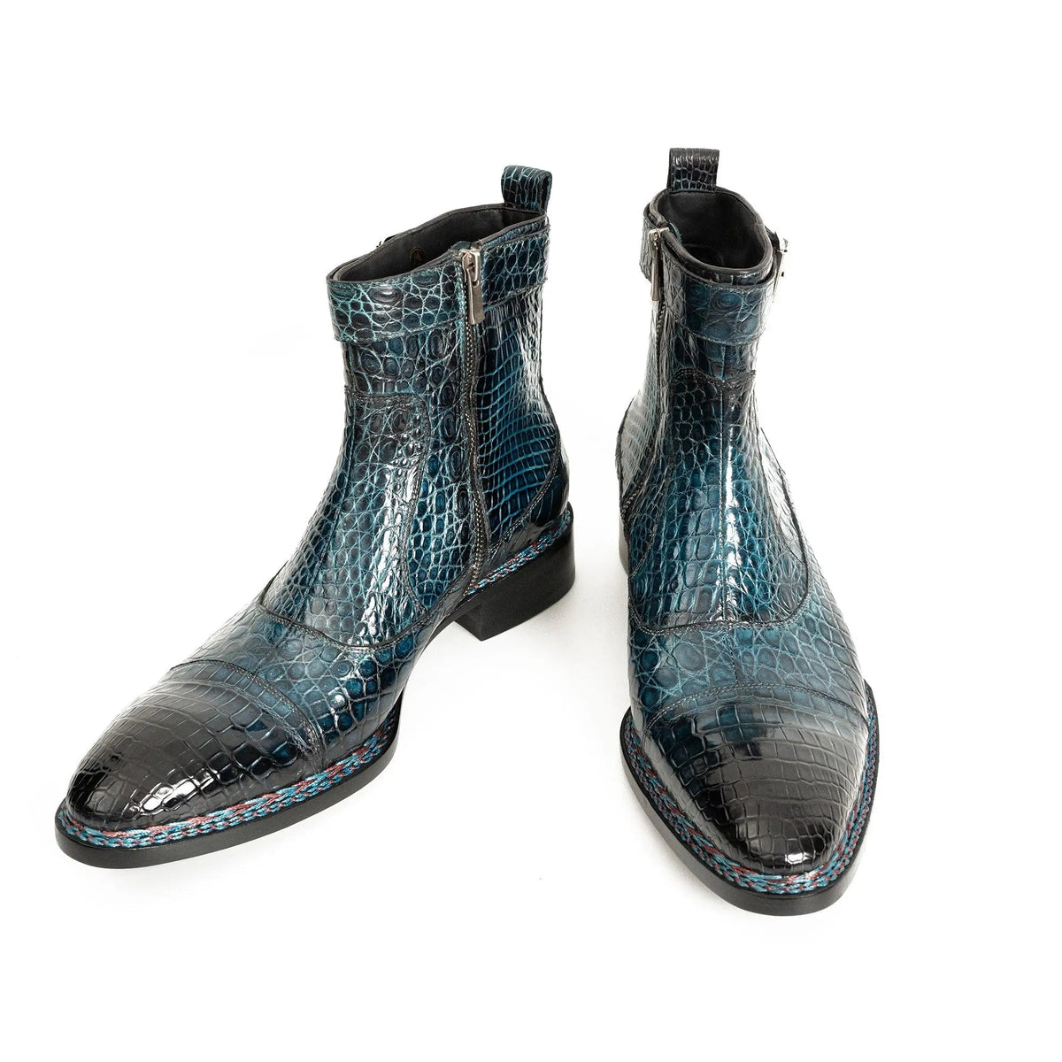 Dark Teal Textured Zip and Buckle Ankle Boot