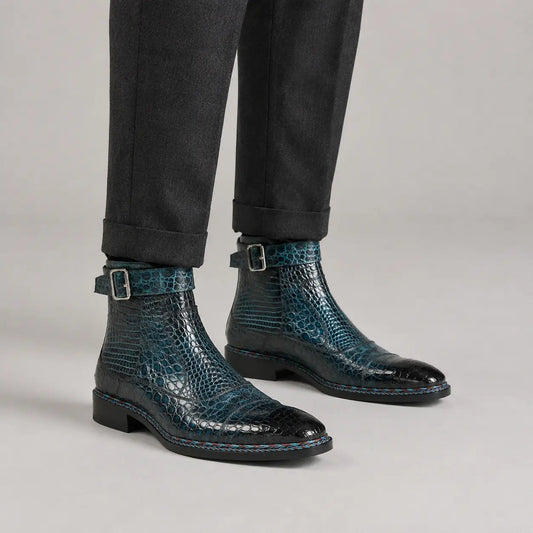 Dark Teal Textured Zip and Buckle Ankle Boot