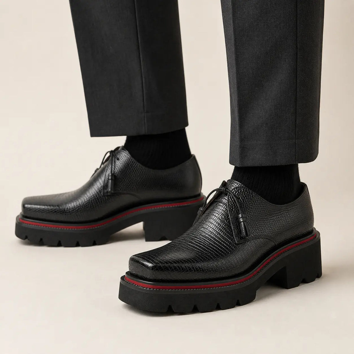 Black Pebbled Calfskin Derby Shoes with Lace-End Tassels