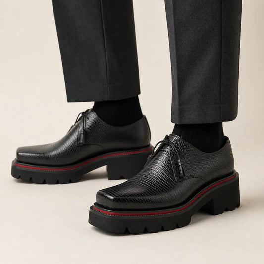 Black Pebbled Calfskin Derby Shoes with Lace-End Tassels