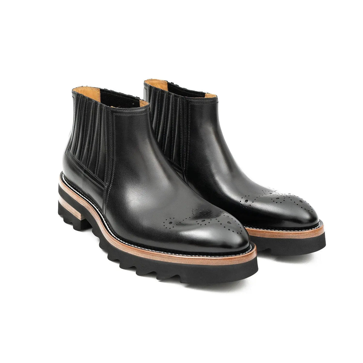 Black Round-Toe Chelsea Boots with Ribbed Panels