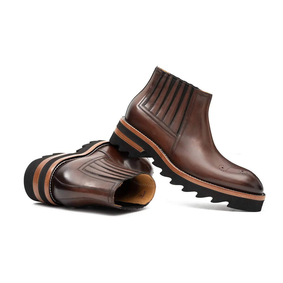Brown Round-Toe Chelsea Boots with Ribbed Panels