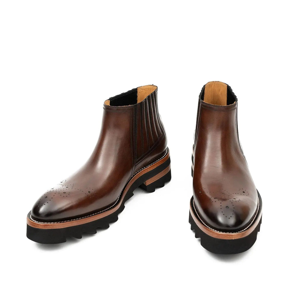 Brown Round-Toe Chelsea Boots with Ribbed Panels