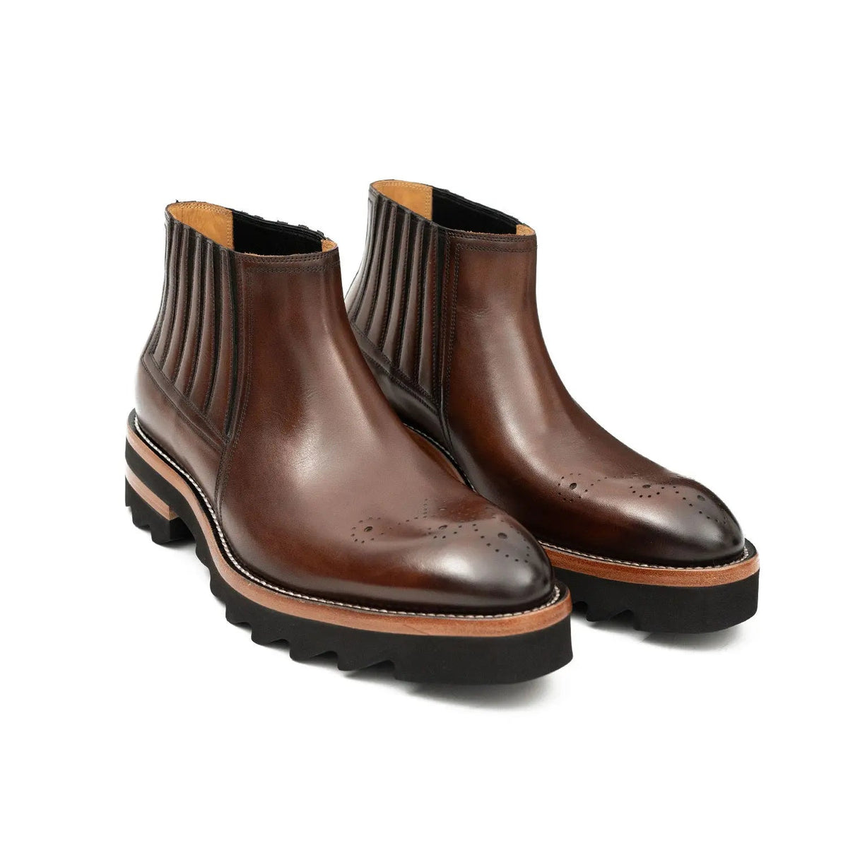Brown Round-Toe Chelsea Boots with Ribbed Panels