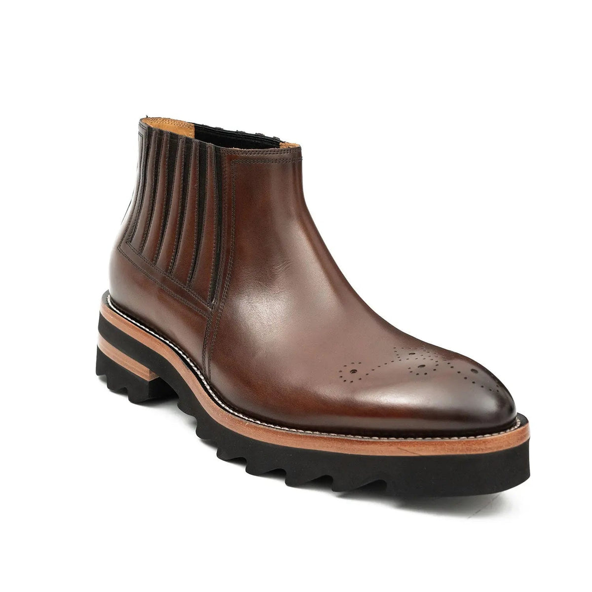 Brown Round-Toe Chelsea Boots with Ribbed Panels