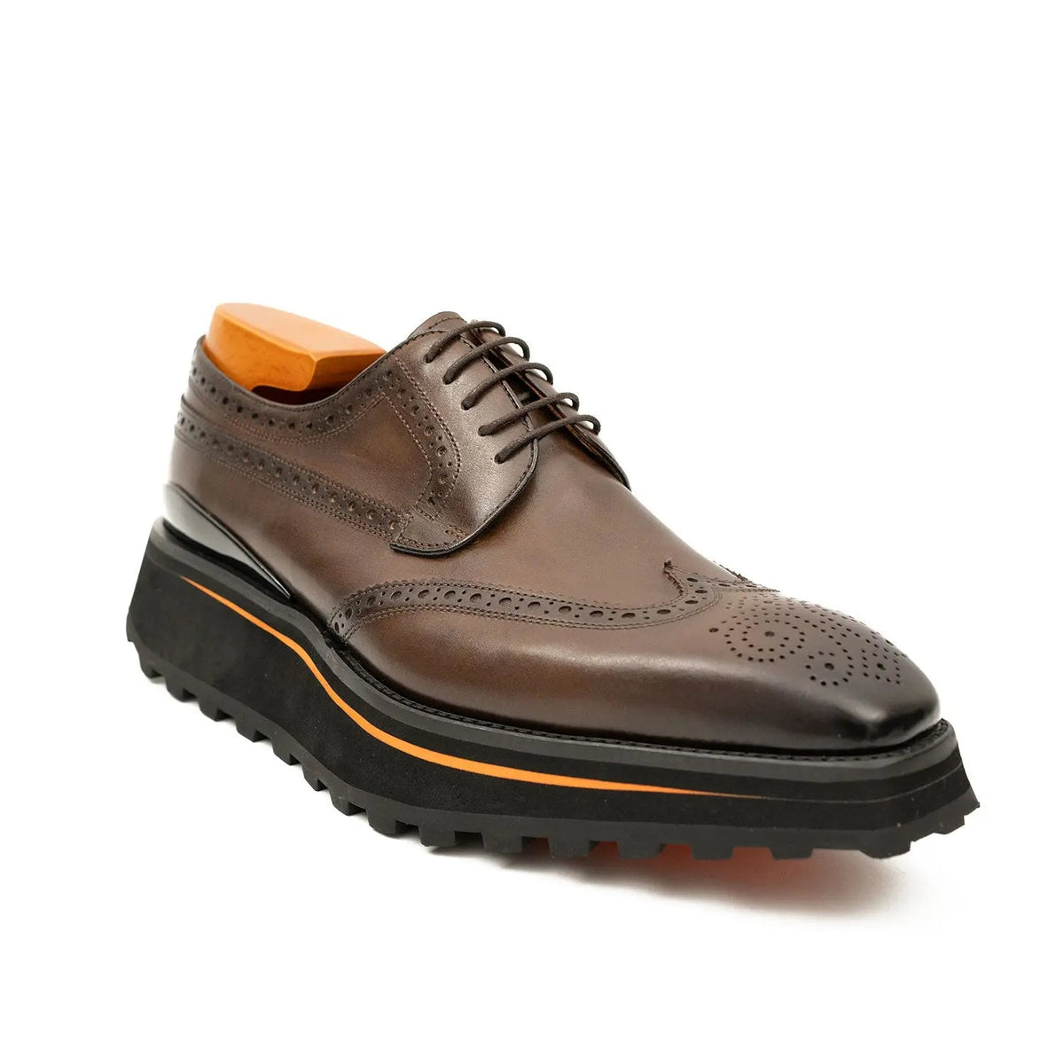 Brown Perforated Wingtip Derby Shoes with Brown-Edge Lug Sole