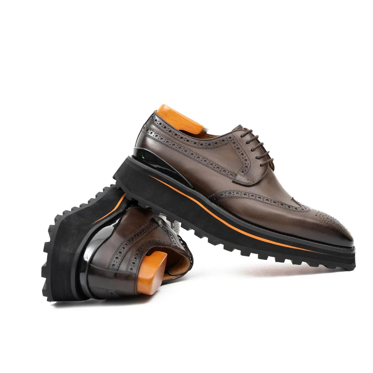 Brown Perforated Wingtip Derby Shoes with Brown-Edge Lug Sole