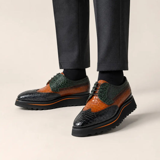 Multicolor Leather Wingtip Derby Shoes with Scale Texture