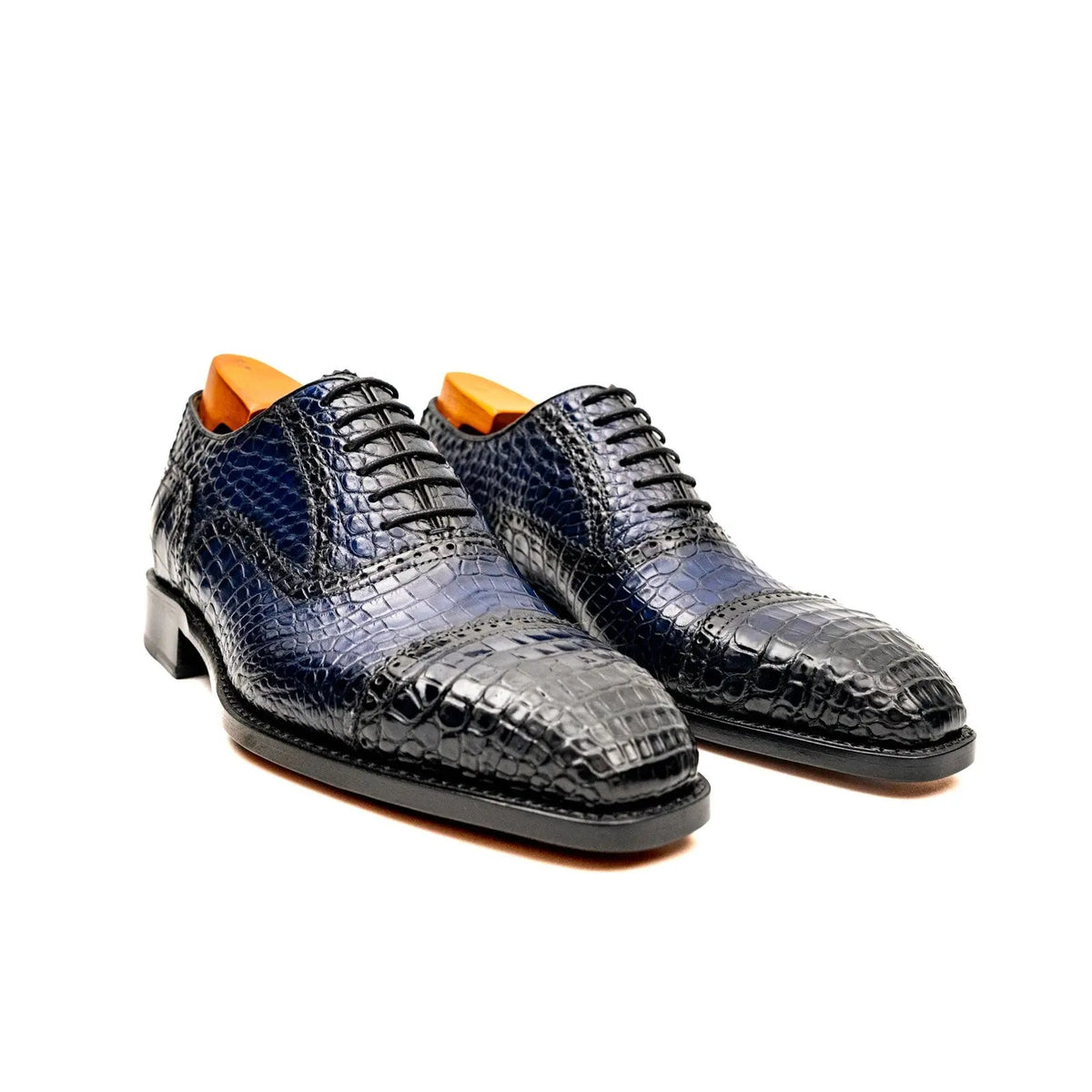Dark Blue Cap-Toe Oxford Shoes with Perforated Detail