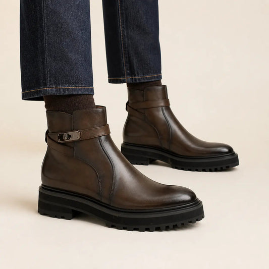 Brown Lug Sole Buckle Strap Ankle Boot