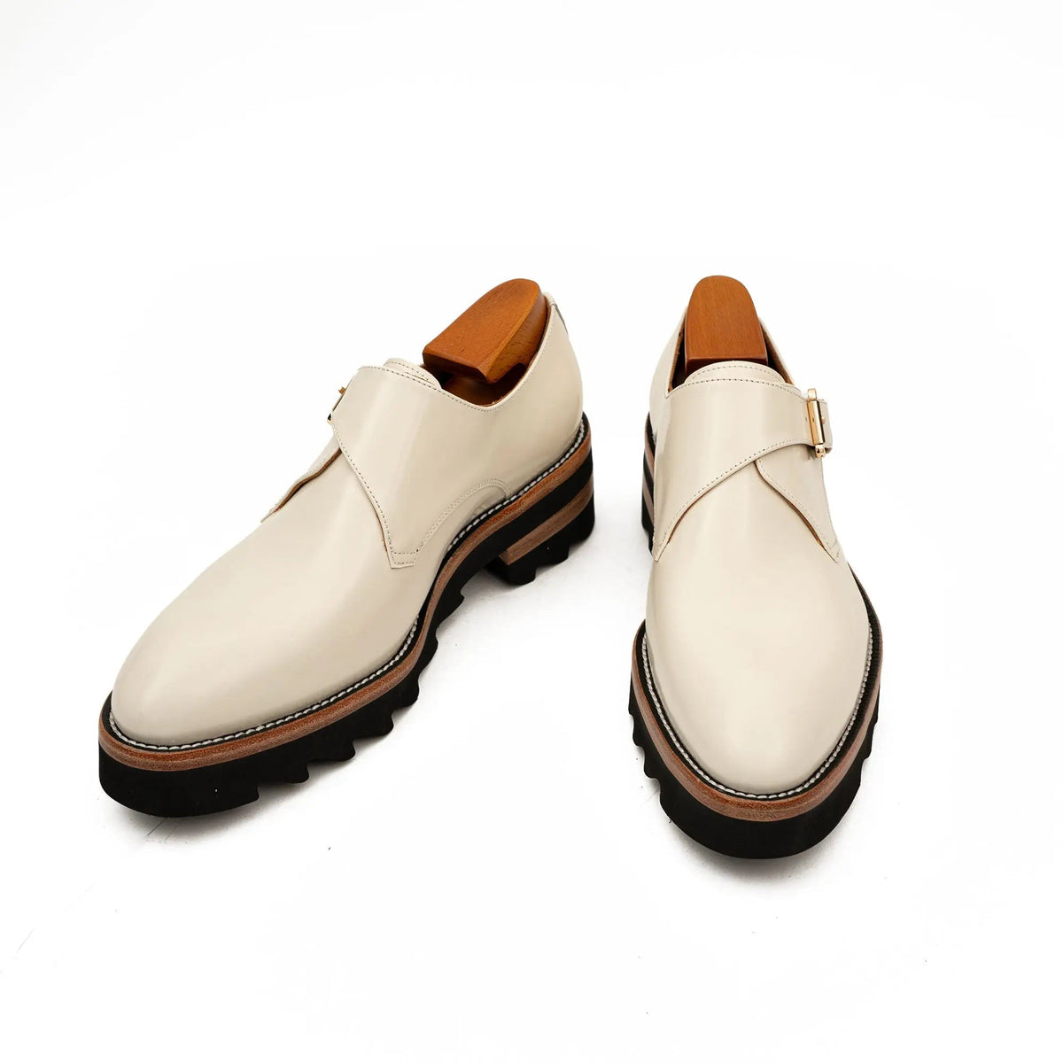 Ivory-White Single Monk Shoes with Gold-Tone Buckle