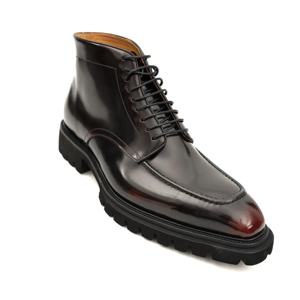 Dark Burgundy Lug Sole Apron-Toe Lace-Up Ankle Boot