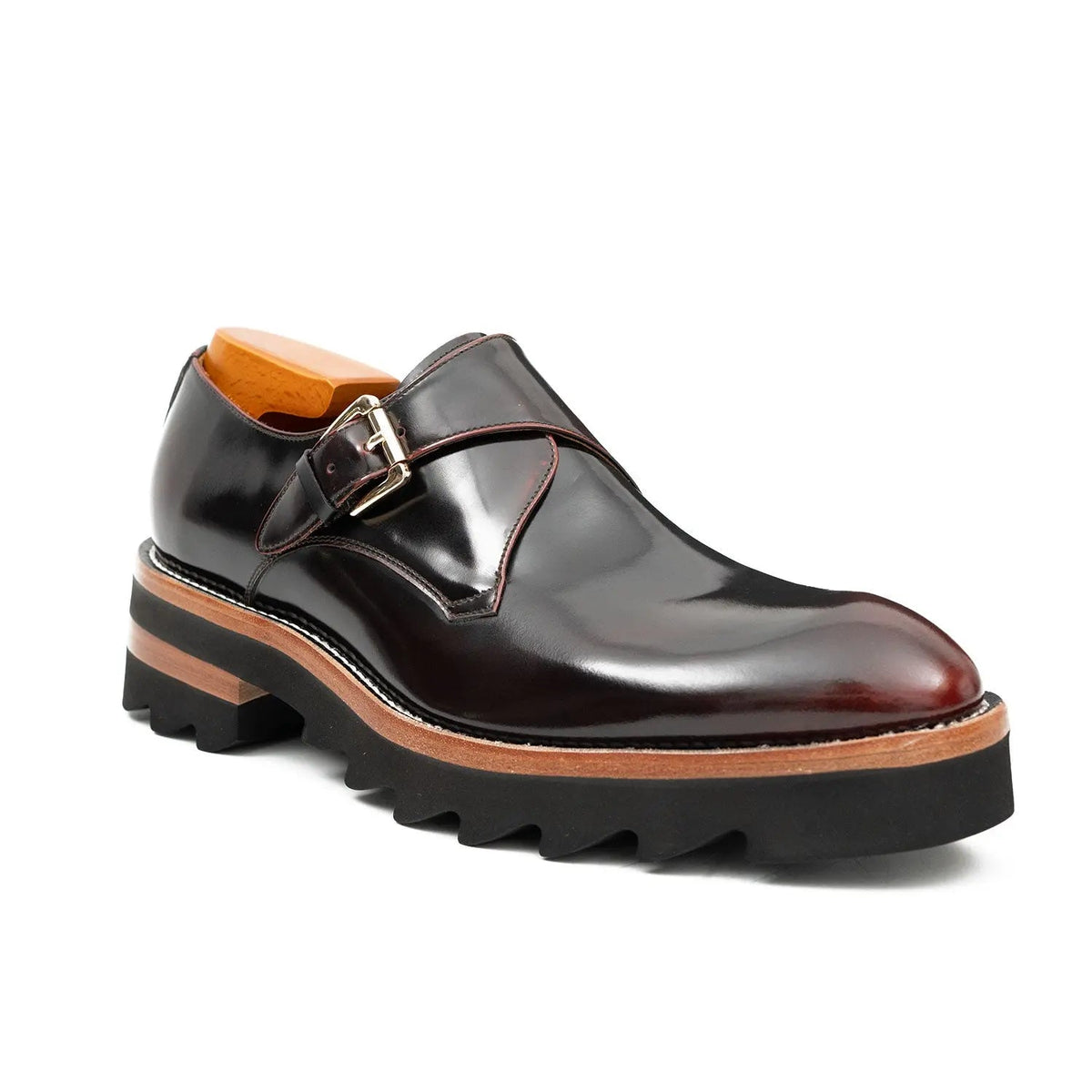 Dark Burgundy Single Monk Strap Shoes with Brown-Band Lug Sole