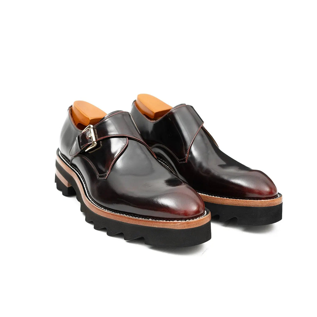 Dark Burgundy Single Monk Strap Shoes with Brown-Band Lug Sole