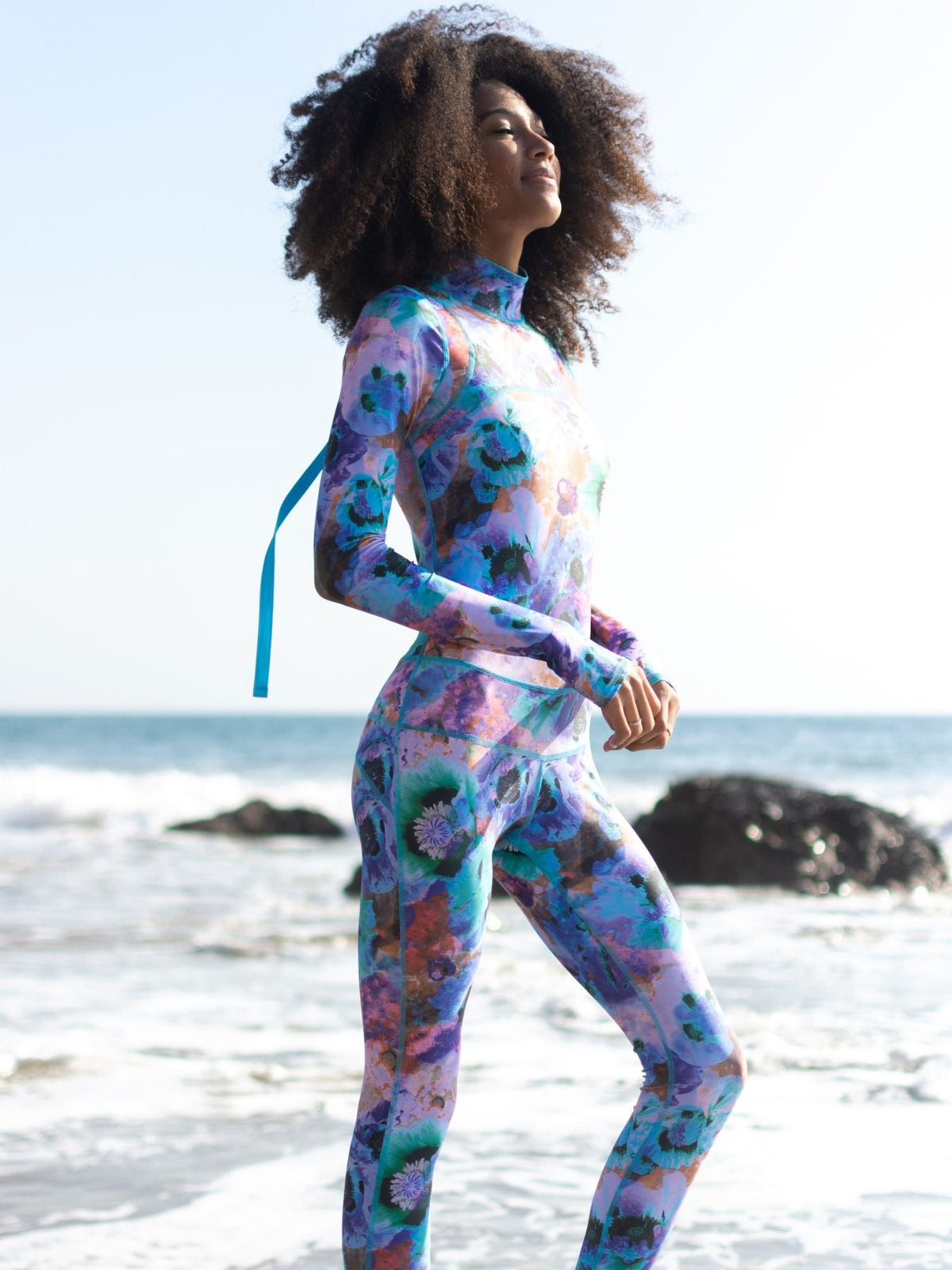 Women's  "Classic" UPF 50+ Sun-protective Full Body Long Swimsuit - Neon Blue Poppy
