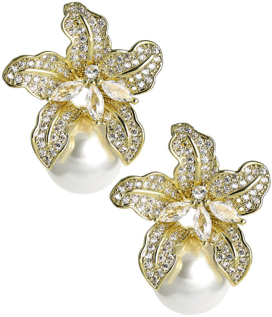 Charlotte Stud Earrings - Rhinestone & Pearl Stud- 18k Gold Plated - Kristin Kennedy Collection