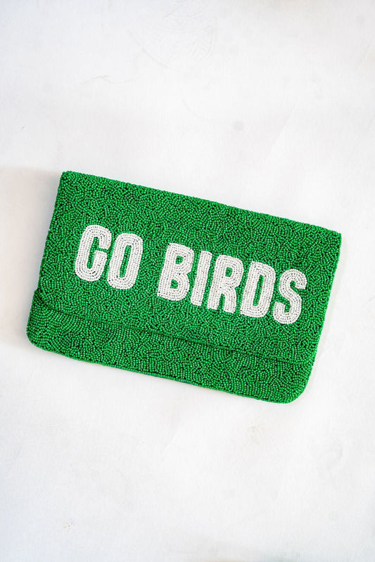 GO BIRDS -  Green  Beaded Clutch