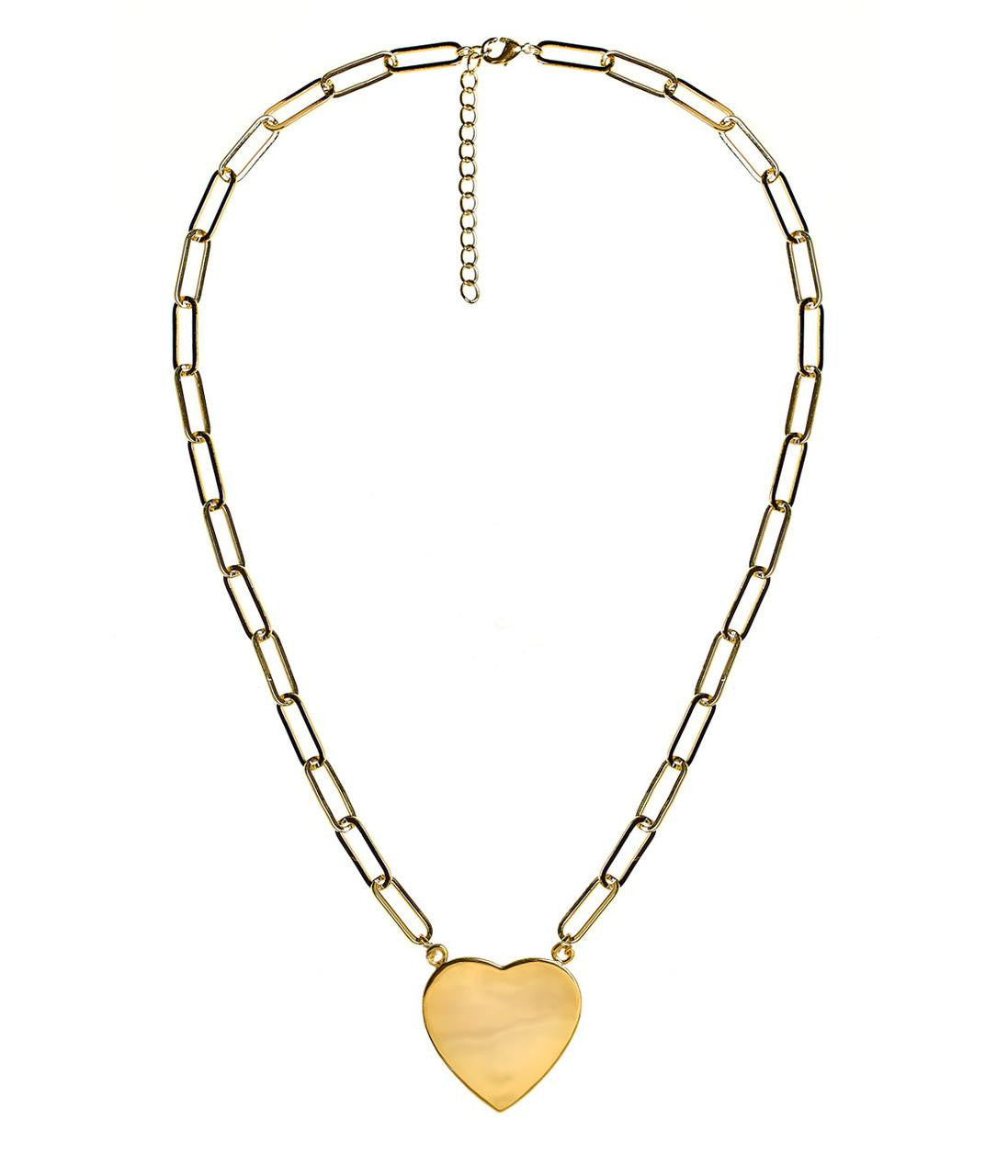 Gold Flat Heart Charm Necklace with Paper Clip Chain - 18k Gold Plated -