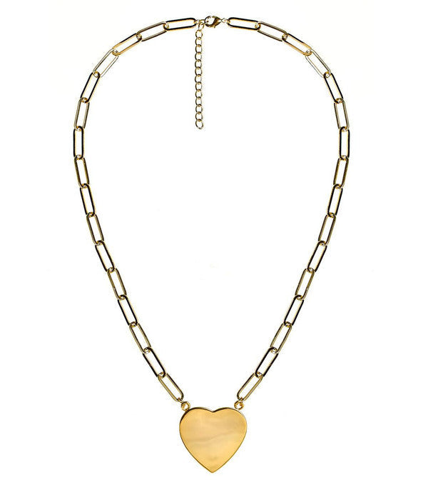 Gold Flat Heart Charm Necklace with Paper Clip Chain - 18k Gold Plated -