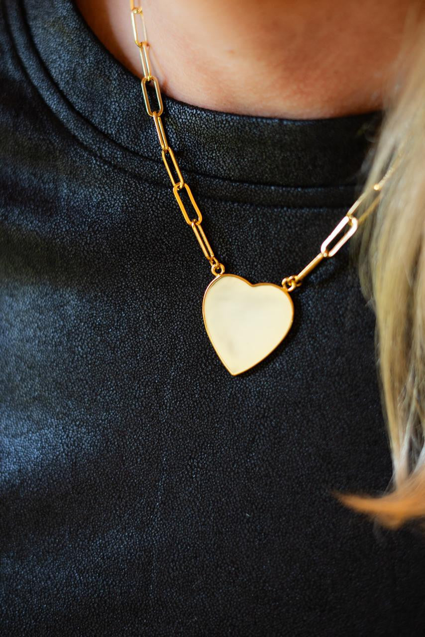 Gold Flat Heart Charm Necklace with Paper Clip Chain - 18k Gold Plated -