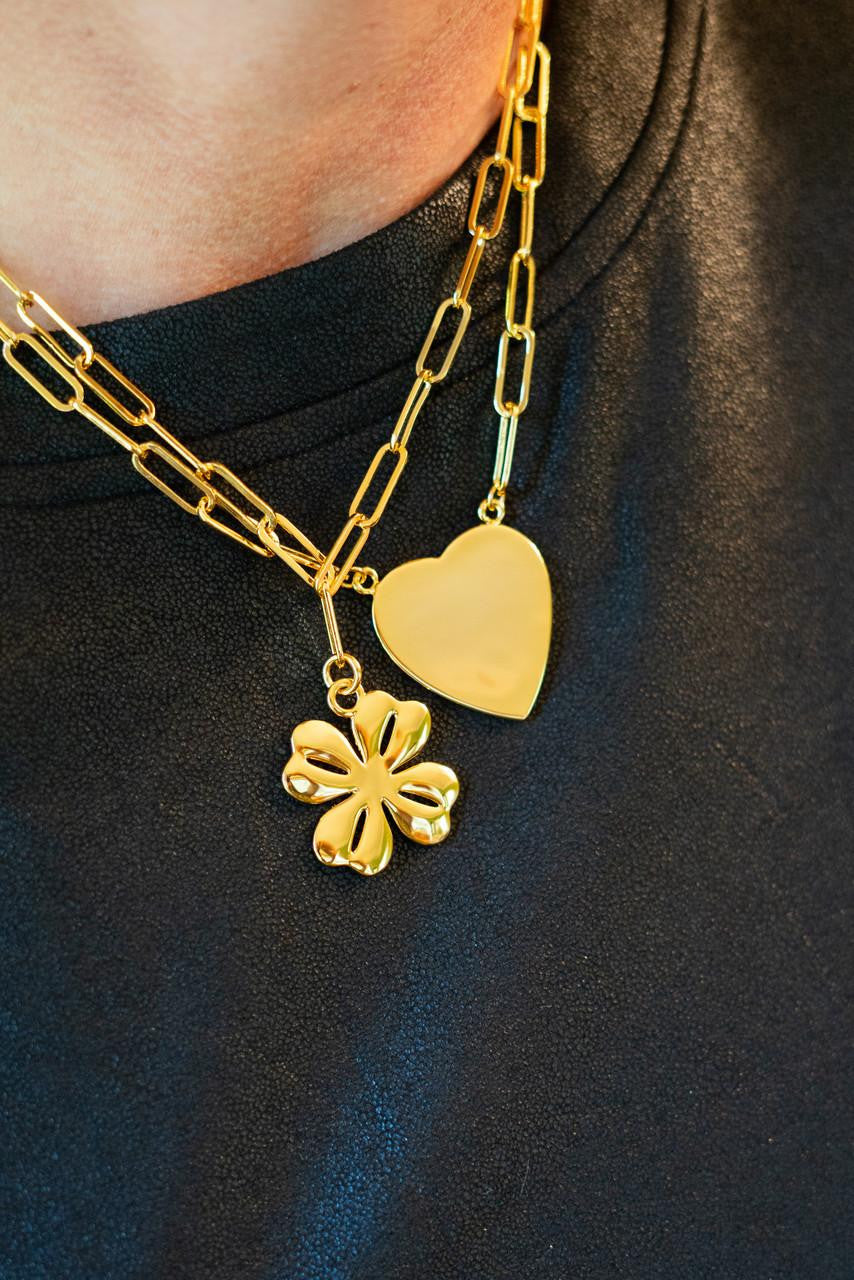 Gold Flat Heart Charm Necklace with Paper Clip Chain - 18k Gold Plated -