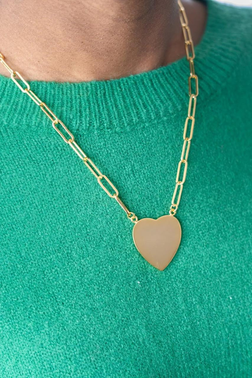 Gold Flat Heart Charm Necklace with Paper Clip Chain - 18k Gold Plated -