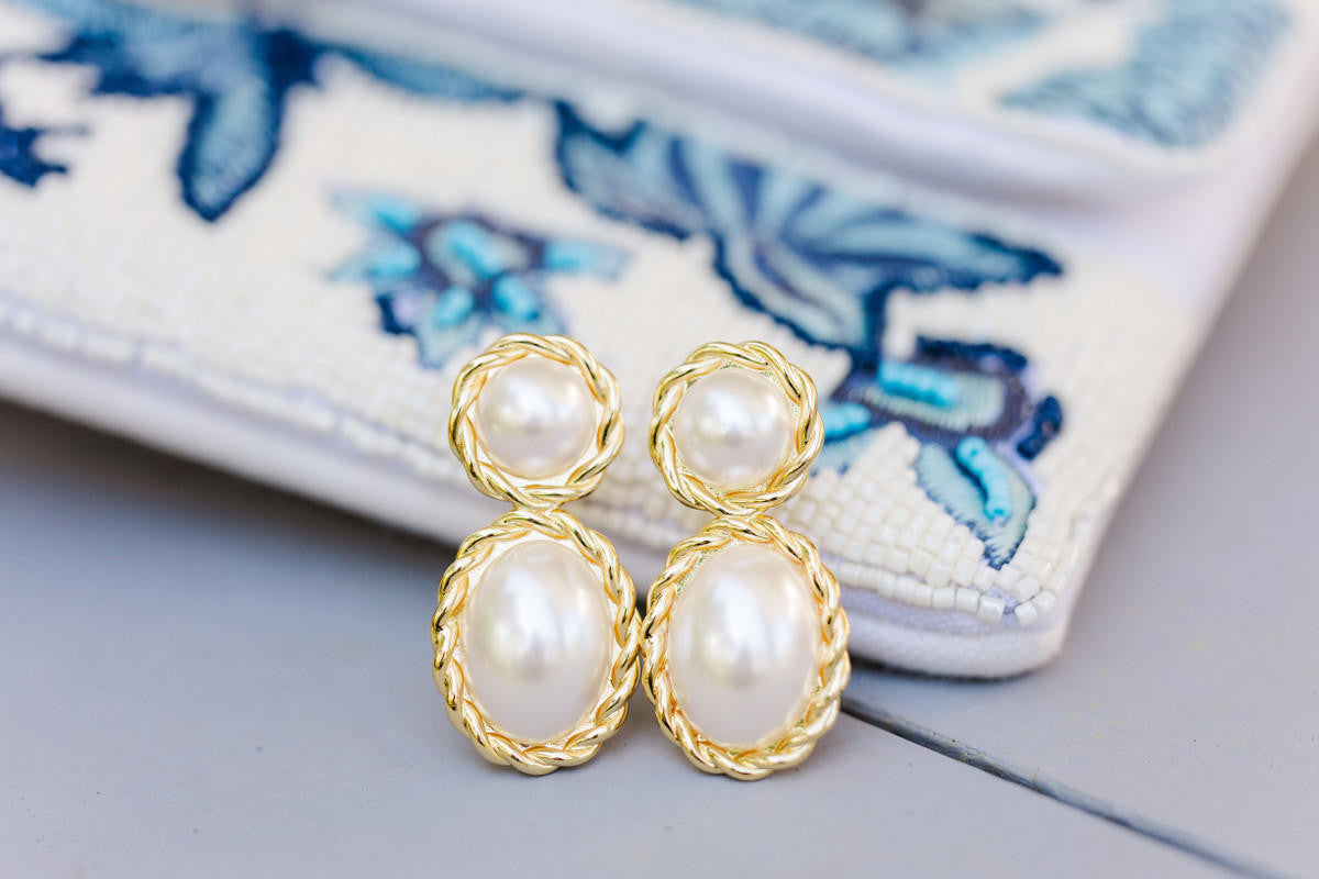 Jackie Pearl & Gold Roped Statement - Earrings - Belle of  the Ball