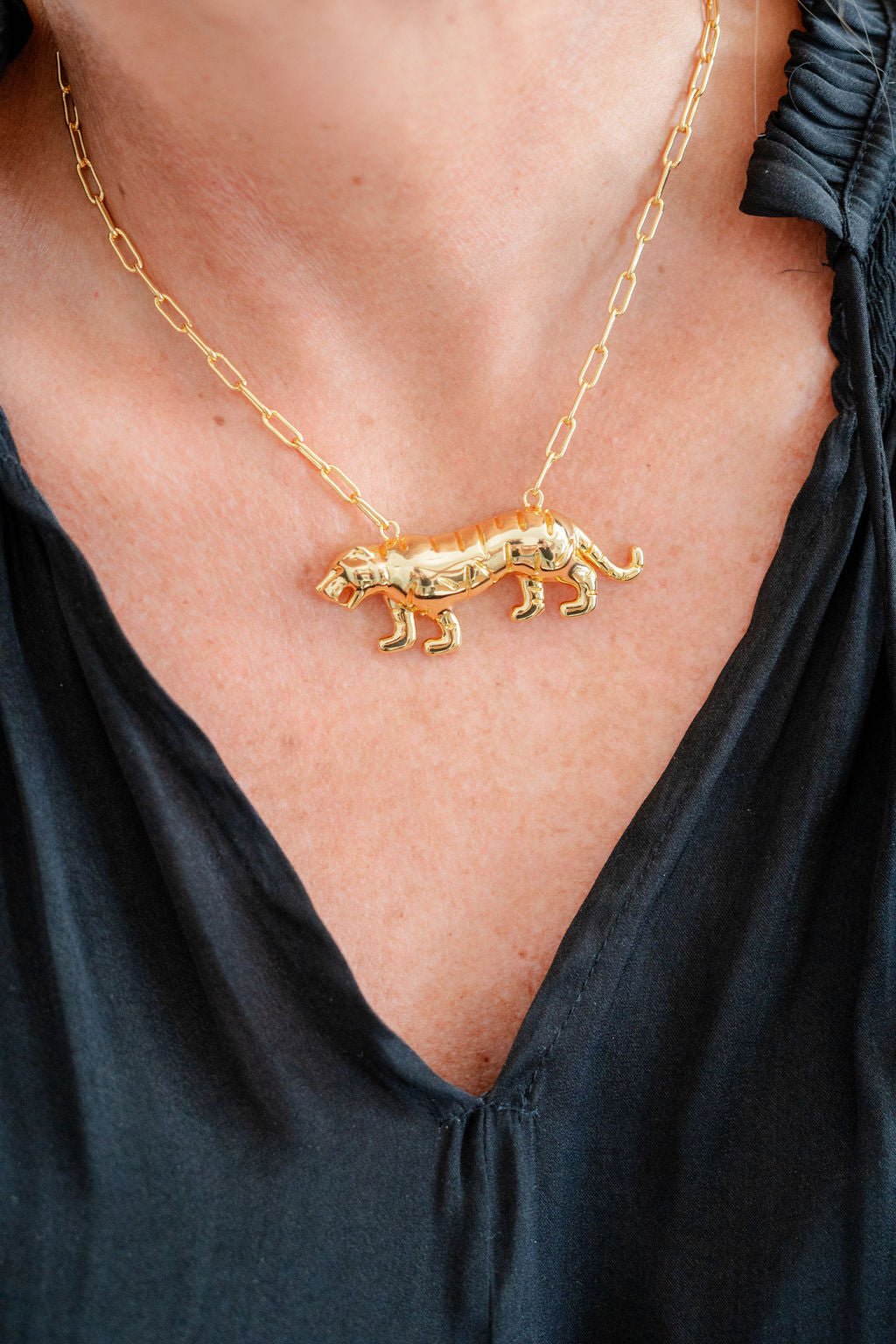 Tiger Body - 3D Gold Charm Necklace - 18k Gold Plated - Paperclip Chain